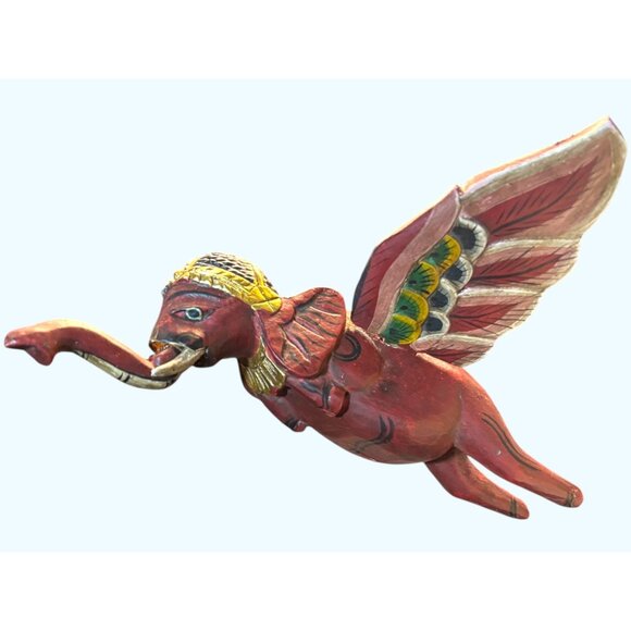 Hand-Carved Vintage Flying Elephant Figurine With Painted Wings & Trunk Detail - Picture 5 of 16